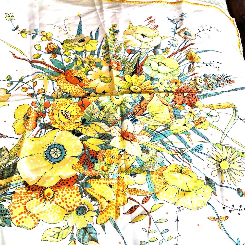 26” Floral Scarf Orange Yellow Hand Stitched Edge